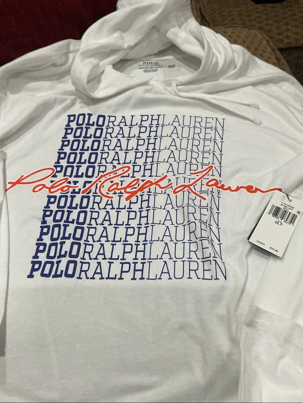 Polo by Ralph Lauren White Hoodie with Blue Stacked Logo and Red Script
